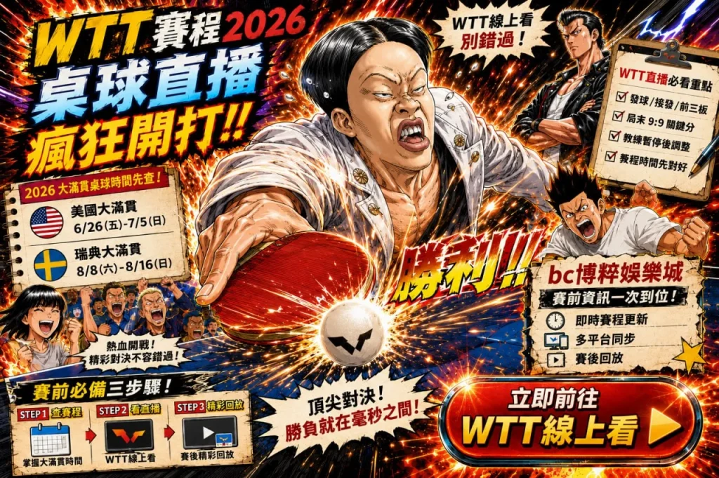 WTT賽程2026桌球直播資訊，整理大滿貫賽程、直播時間、線上觀看平台與重要觀賽重點。