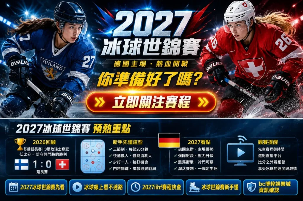 2027冰球世錦賽宣傳圖，介紹 IIHF 世界錦標賽賽程、焦點對戰、觀賽重點與直播資訊。