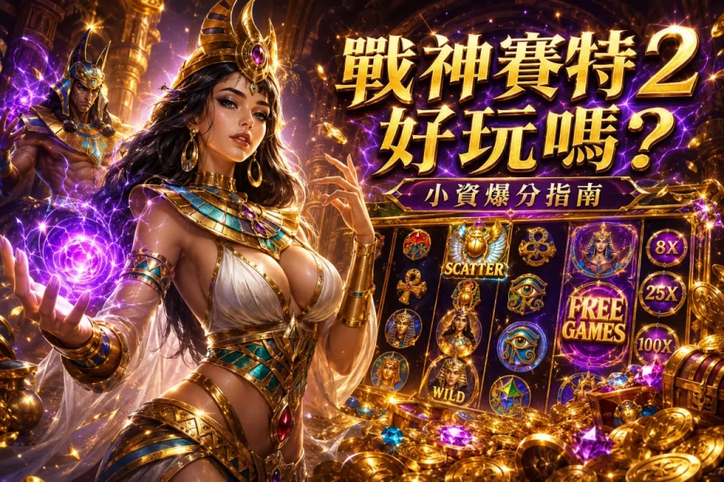 戰神賽特2好玩嗎文章封面圖，呈現埃及女神、老虎機盤面、免費遊戲與倍數獎勵畫面
