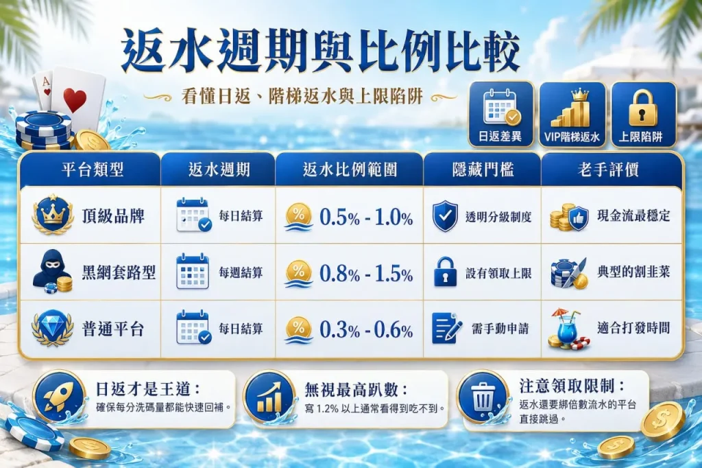 百家樂返水週期與比例比較圖，整理頂級品牌、普通平台與黑網套路型平台的返水週期、比例範圍、領取門檻及注意事項。